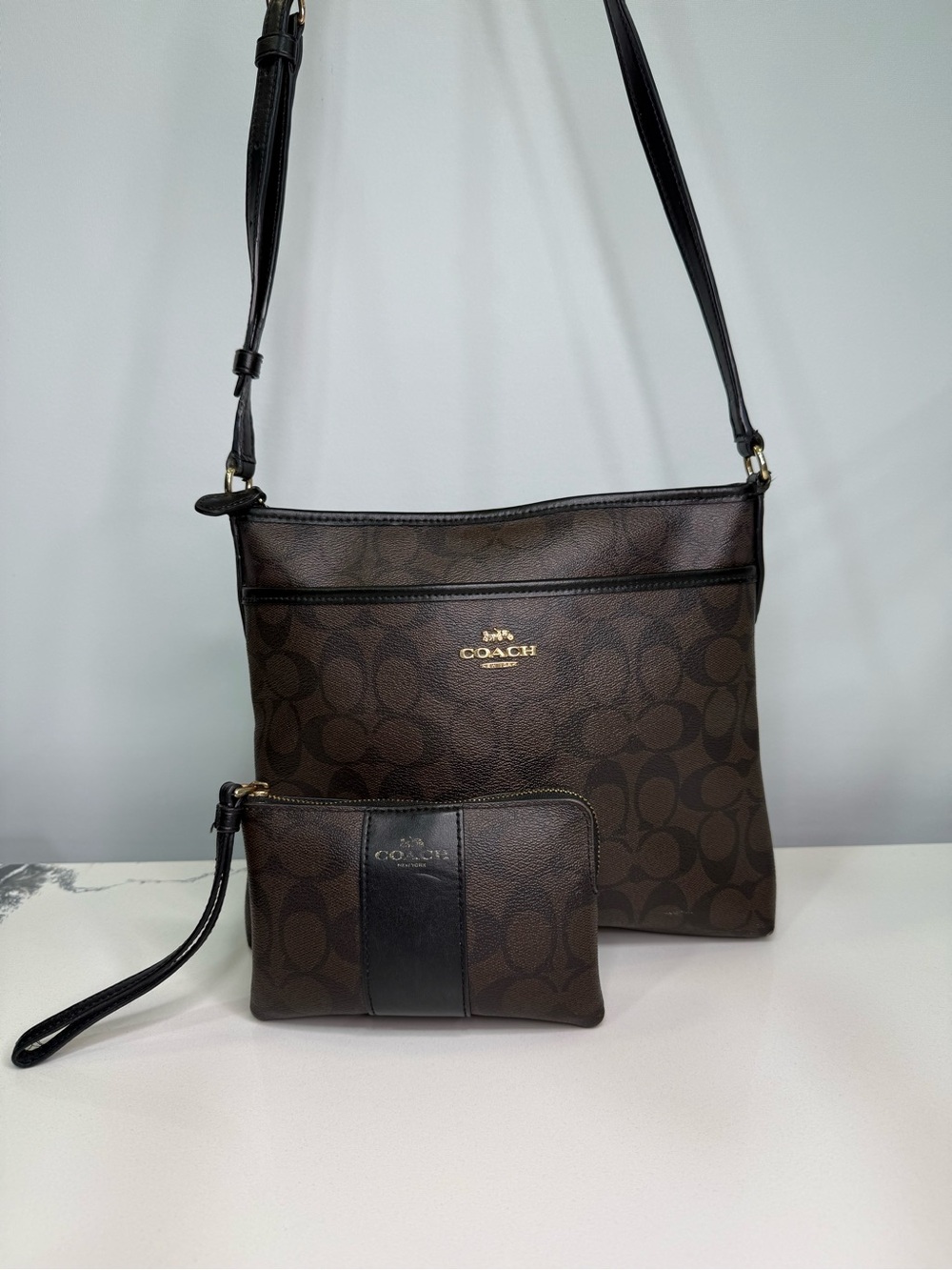 Coach Signature Brown Black PVC  Crossbody Messenger Bag With Matching Wristlet